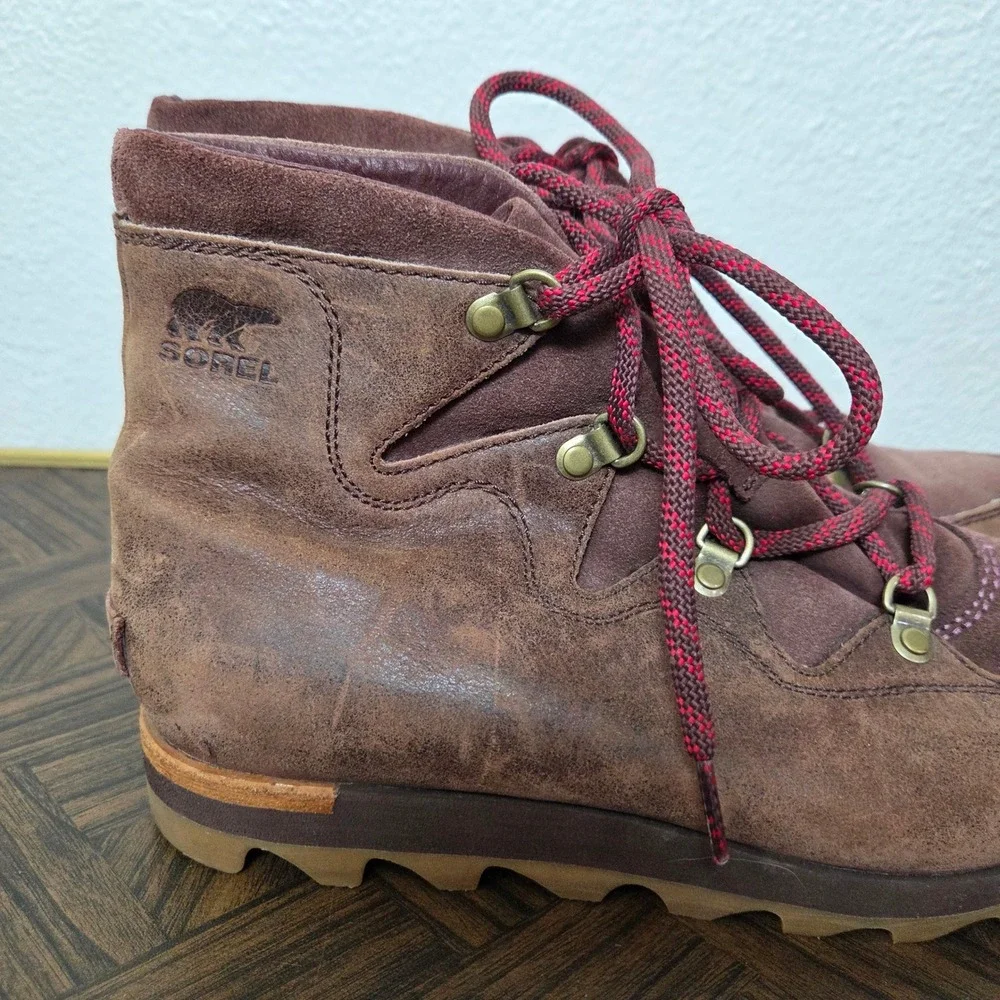 Sorel brown‎ leather red lace ankle boots womens size 10 Winter boots